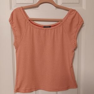 J. Crew Pink Pinstripe Cotton Knit Soft Elastic Neck Cap Sleeve Top